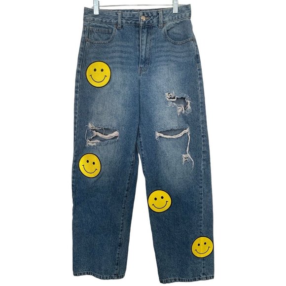 FOREVER 21 Happy Face Distressed Baggy High Rise Jeans Women's 27 Straight - Picture 1 of 4